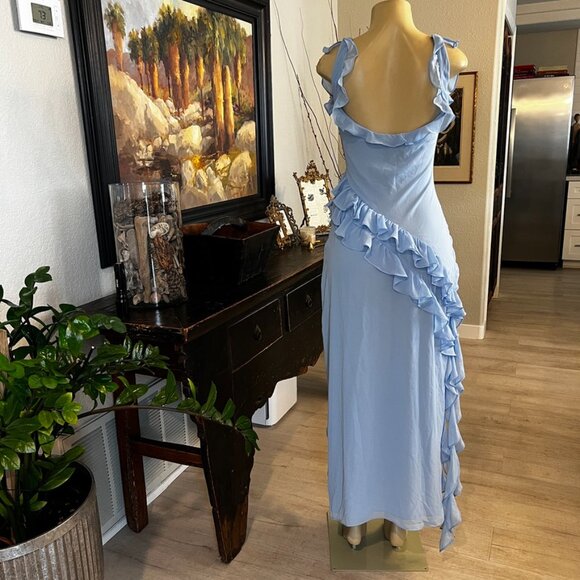 house of cb LONDON powder blue sleeveless low back ruffles Gown - Picture 2 of 5